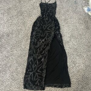 Fashion Nova Black Sequin Sheer Lace Maxi Prom Dress
